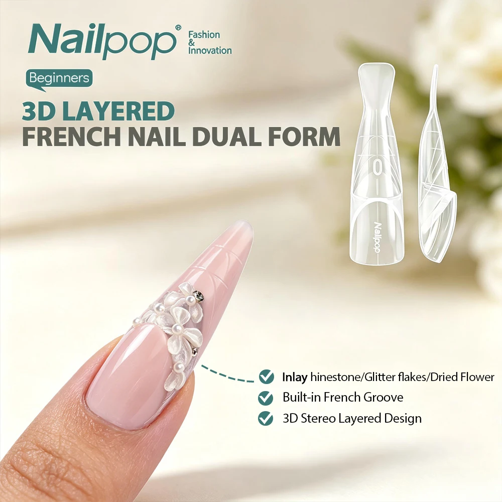 

Nailpop 3D French Nail Dual Forms 15 Sizes Oval Clear Innovative Step Design Professional For Easy Smile Line Pro & DIY 150pcs