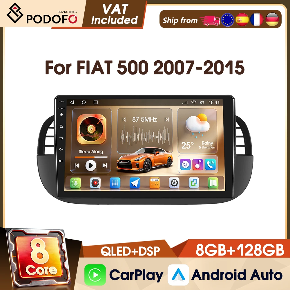 Autoradio Podofo Android 9" 8 Core Universale 4G 2Din per FIAT 500 2007-2015, Lettore Multimediale Video per Auto 8+128G FM RDS, Audio per Auto