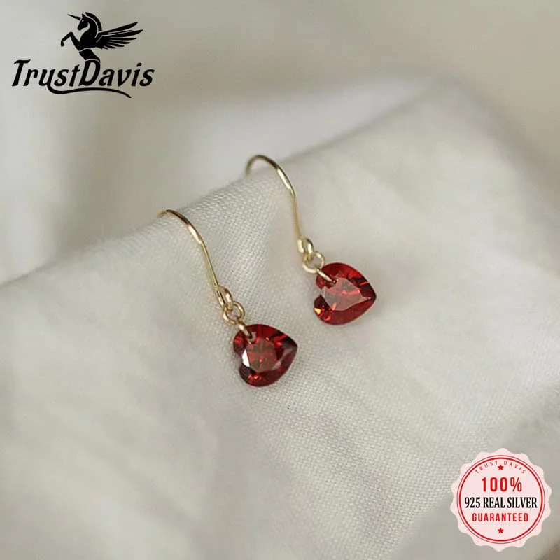TrustDavis 925 Sterling Silver Romantic Heart Zircon 14K Gold Plated Hoop Earring Ear Line for Wedding Banquet Jewelry DS3933
