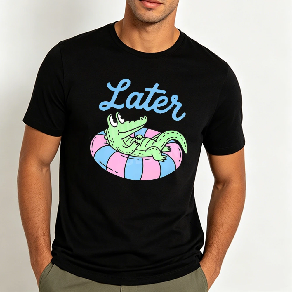 Later Cartoon Crocodile Striped Swim Ring Men Summer T Shirt Laid Back Tropical Animal Graphic Casual Daily Holiday Tee