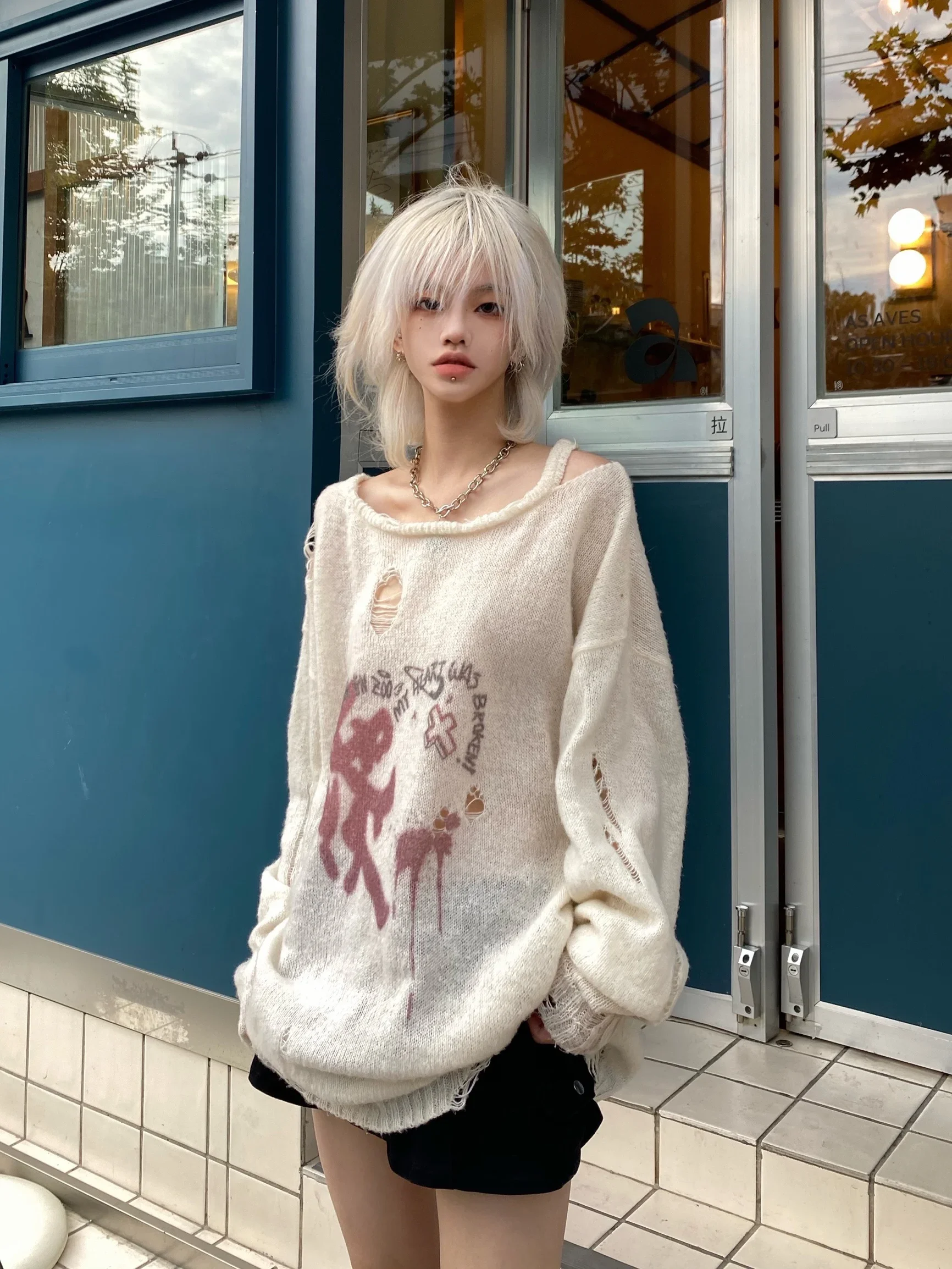 Ruibbit Harajuku Gothic Hole Embroidery Long Sleeve Women Punk Style O-Neck Loose Vintage Off White Knitted Pullovers