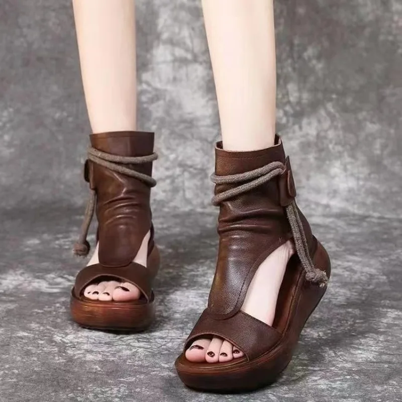 2024 New Hollow Women\'s Boot Wedges Roman Shoes Fish Mouth Sandals Retro Cool Boots PU Leather High Top Women Sandals on Offer