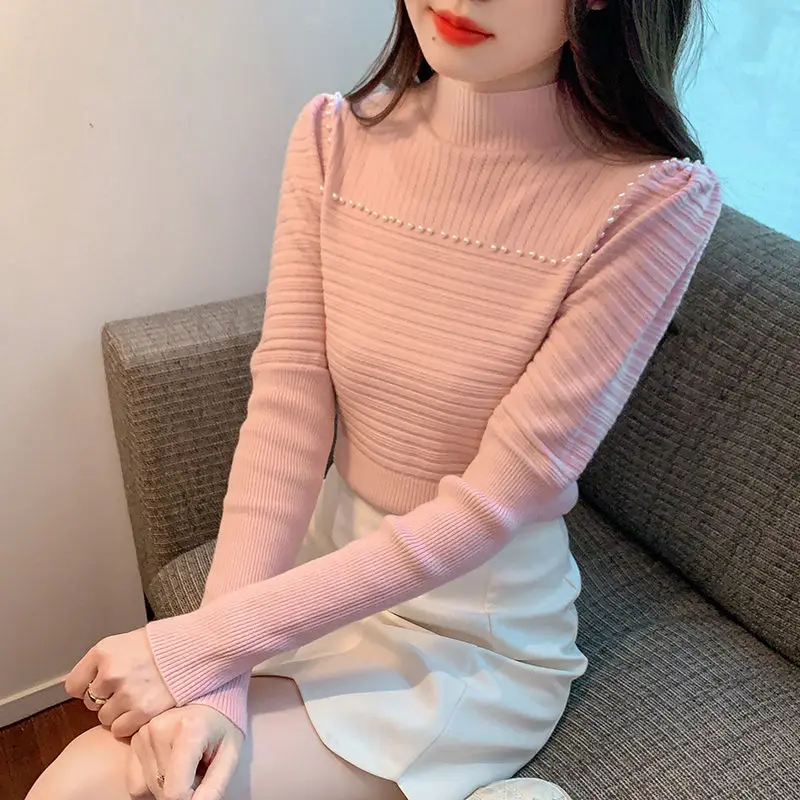 Korean Autumn/Winter New Sweaters Women\'s Mock Neck Solid Embroidered Flares Temperament Slim Long Sleeve Pullovers Knitted Tops