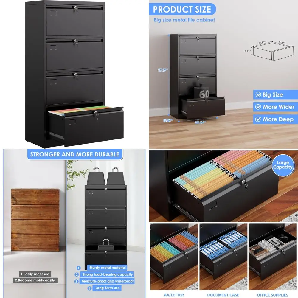 Metal Lateral File Cabinet with Lock, 4-Drawer Wide, Suitable for Home and Office, Letter and Legal Size Filing Cabinet