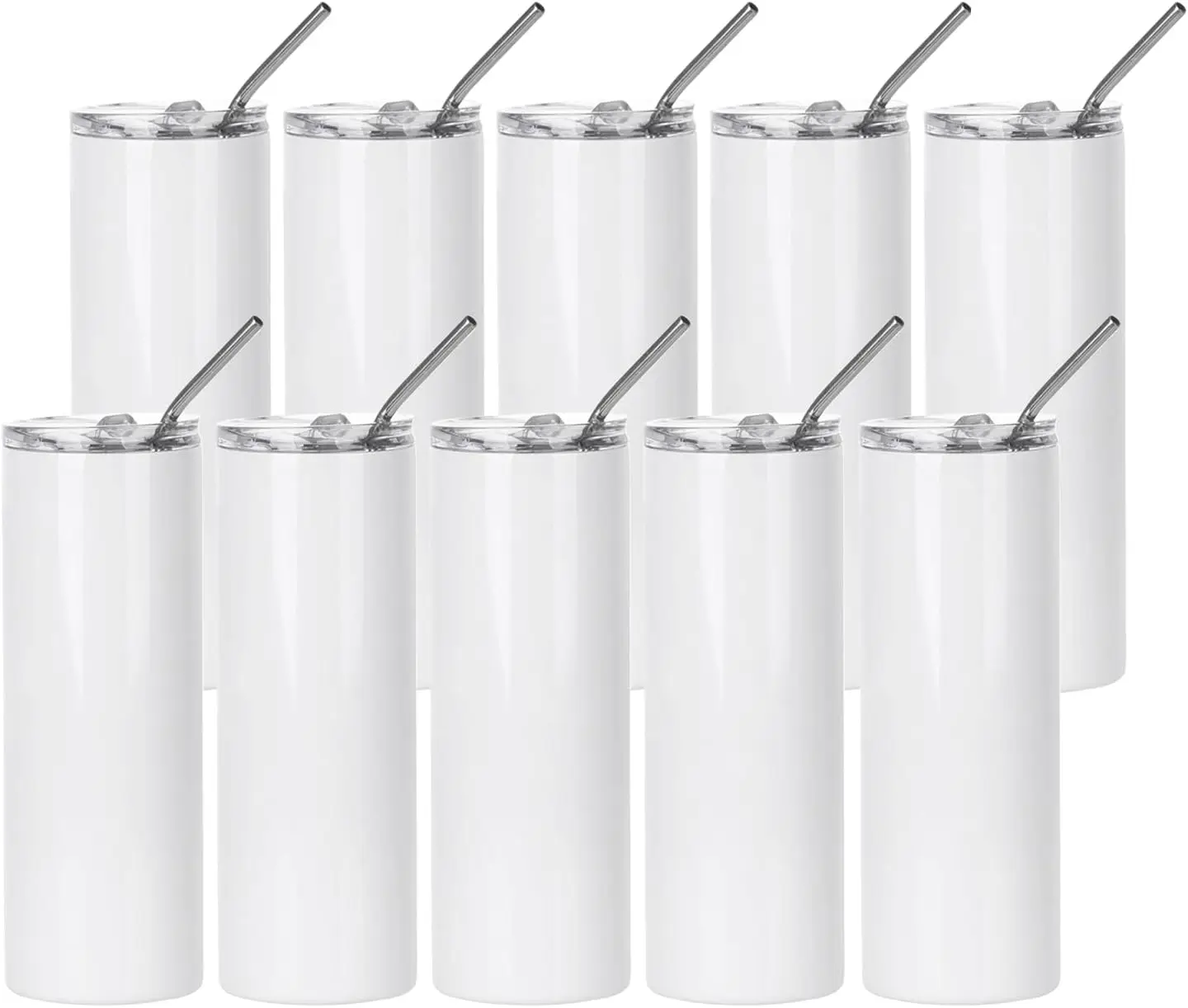 

10 Pack 20oz Skinny Stainless Steel Sublimation Tumblers with Straw and Lid for Heat Press Printing