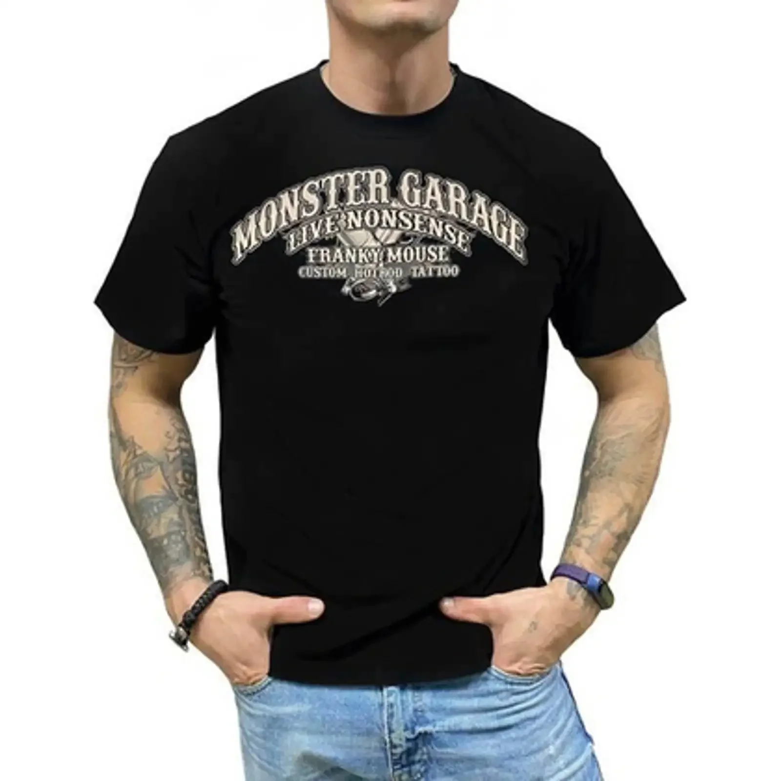 Футболка Franky Mouse Monster Garage Live nonsense Custom hotrod tattoo S черный vintage Washed fashion designer clothes