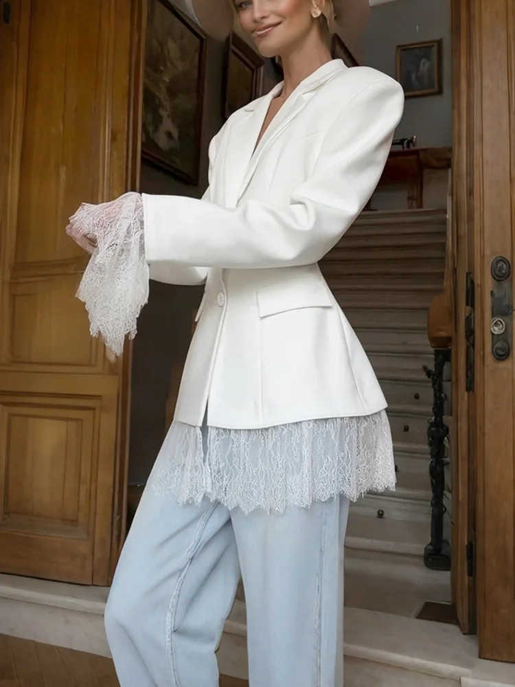 

2026 New Spring Women's Lace Patchwork Blazer Coat Lapel High Waist Printed Long Sleeve Office Streetwear Jacket