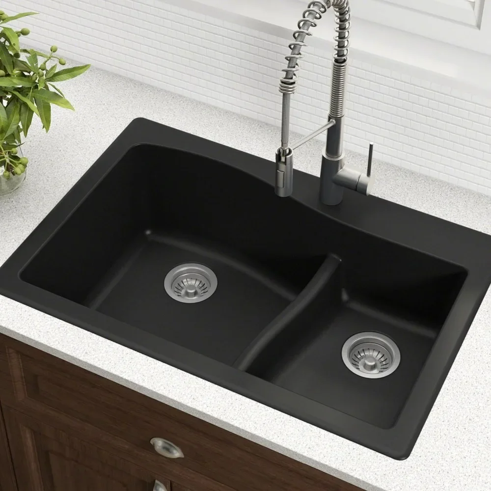 Gourmet Kitchen Sink Faucet Quarza Kitchen Sink | 33-Inch 60/40 Bowls | Black Granite | KGD-442 Model Accessories Utensils