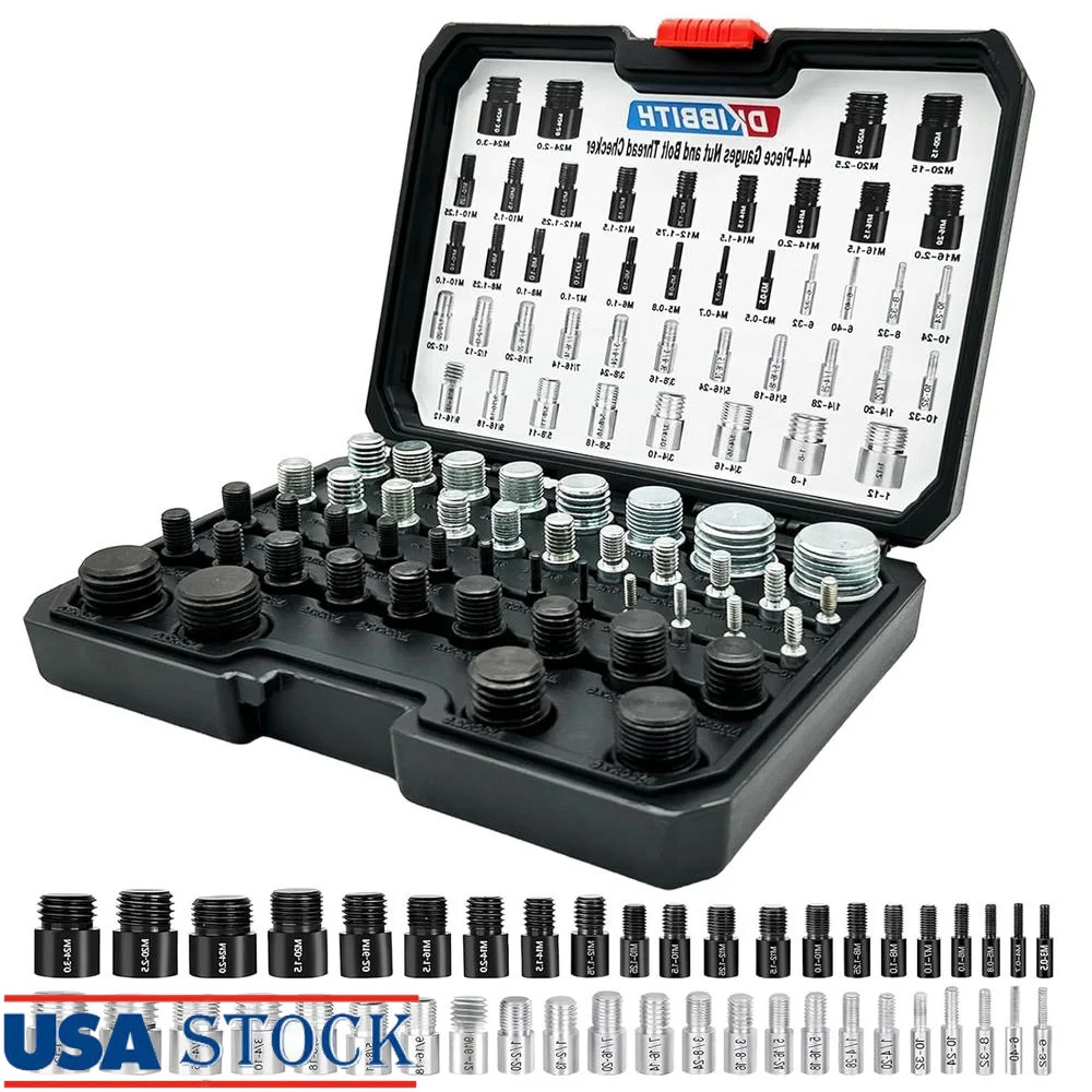 44 Piece Nut and Bolt Thread Checker Set Metric SAE Size Gauges Portable Fastener Tool Precision Markings Organized Storage