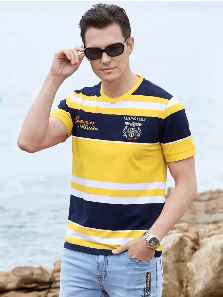 New Summer Men's T Shirt Round Striped Bruce&Shark Loose Fashion Causal Men's Tees Super Qualiy 97%Cotton 3%spandex big size 4XL