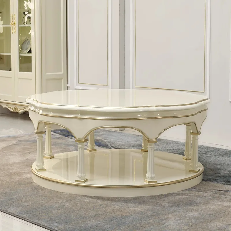 

European luxury carved solid wood round coffee table French coffee table side table ivory white gold-painted villa living room f