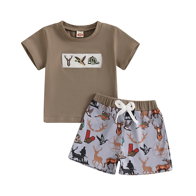 

Baby Boy Hunting Outfits Duck Deer Embroidery Short Sleeve T-Shirt Jungle Camo Shorts Set Toddler Summer Clothes