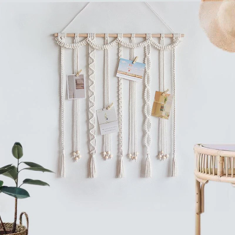 Bohemia Tapestry Wall Hanging, Handwoven Macrame Decor with Fringes,Photo Display and Hair Clips Organizer, Aesthetic Background