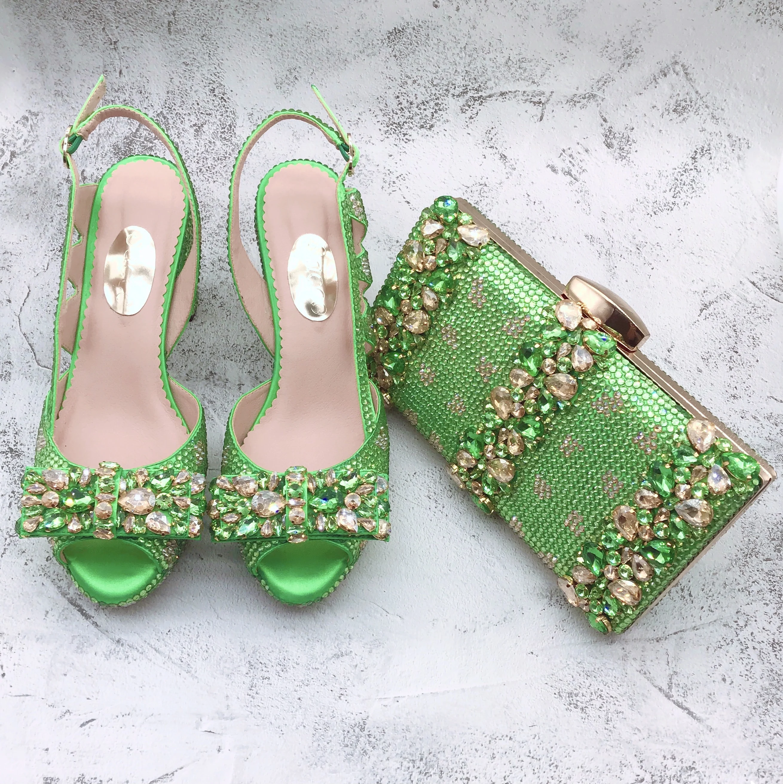 Bs1555 personalizável vário vestido de salto sandália sapatos femininos hortelã verde ouro cristal sapatos e bolsa conjunto para mulher