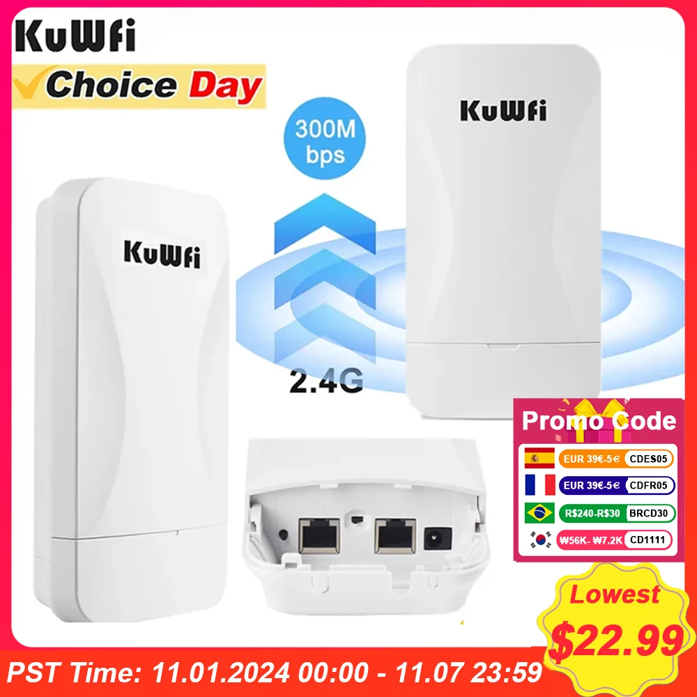 

KuWFi 2.4G Wireless Bridge 300Mbps Outdoor CPE Wi Fi Signal PTP Long Range with 24V PoE Power IP65 Waterproof AP Repeater Mode