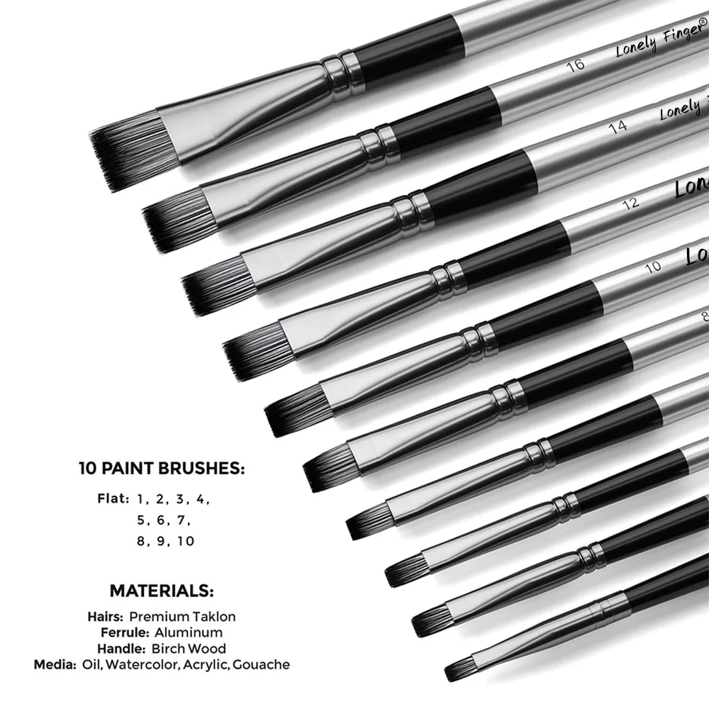 10 PCS Flat Paint Brush Set Artist Painting Brushes for Acrylic Watercolour Oil Gouache, Craft Detail Face Body Painting