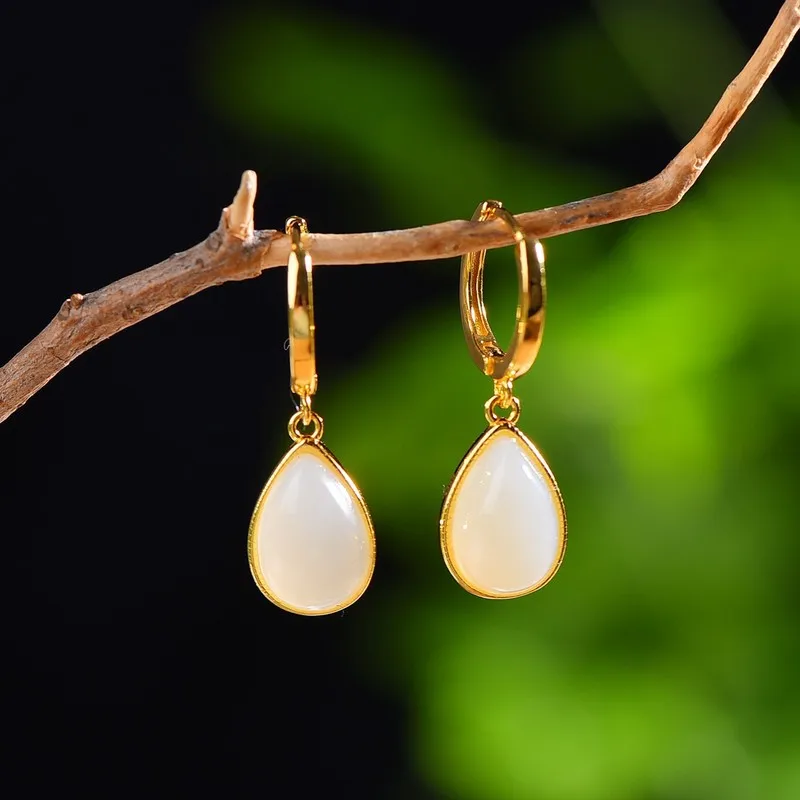 925 Inlaid With Hetian Jade Drop Plain Silver , Vintage Ethnic Style Earrings