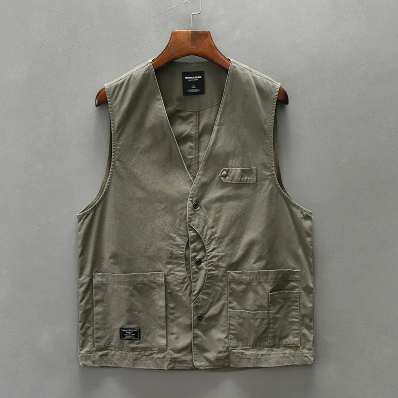 Autumn New Fishing Men's Vest Men Japan Vintage Working Vest Pure Cotton V-neck Button Sleeveless Jacket Man Fashion Waistcoat