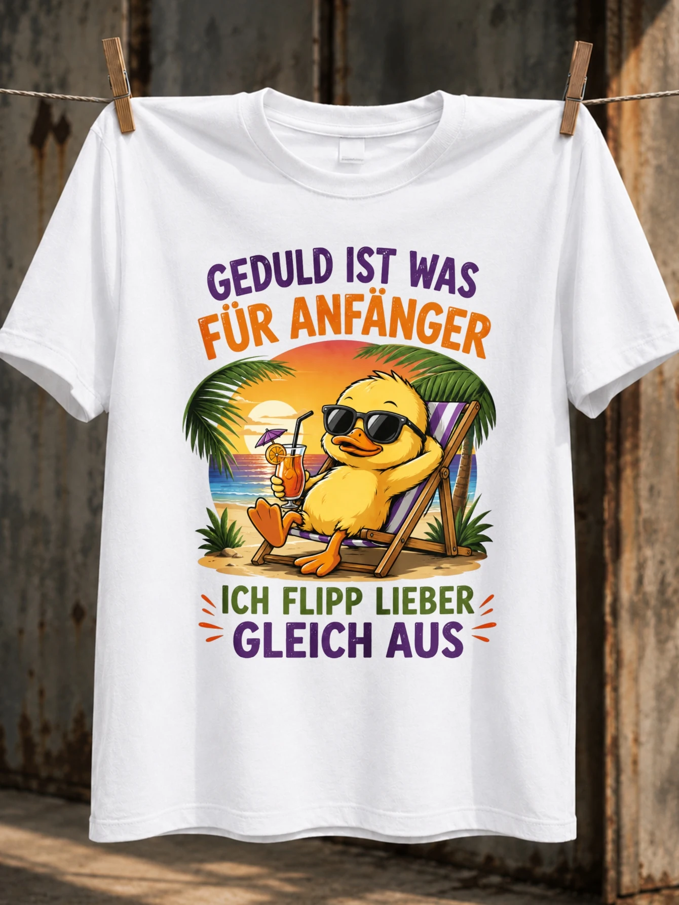 T-shirt unisexe avec citation de canard impatiemment patient, palmiers et scène de coucher de soleil tropical, humour rétro insulaire