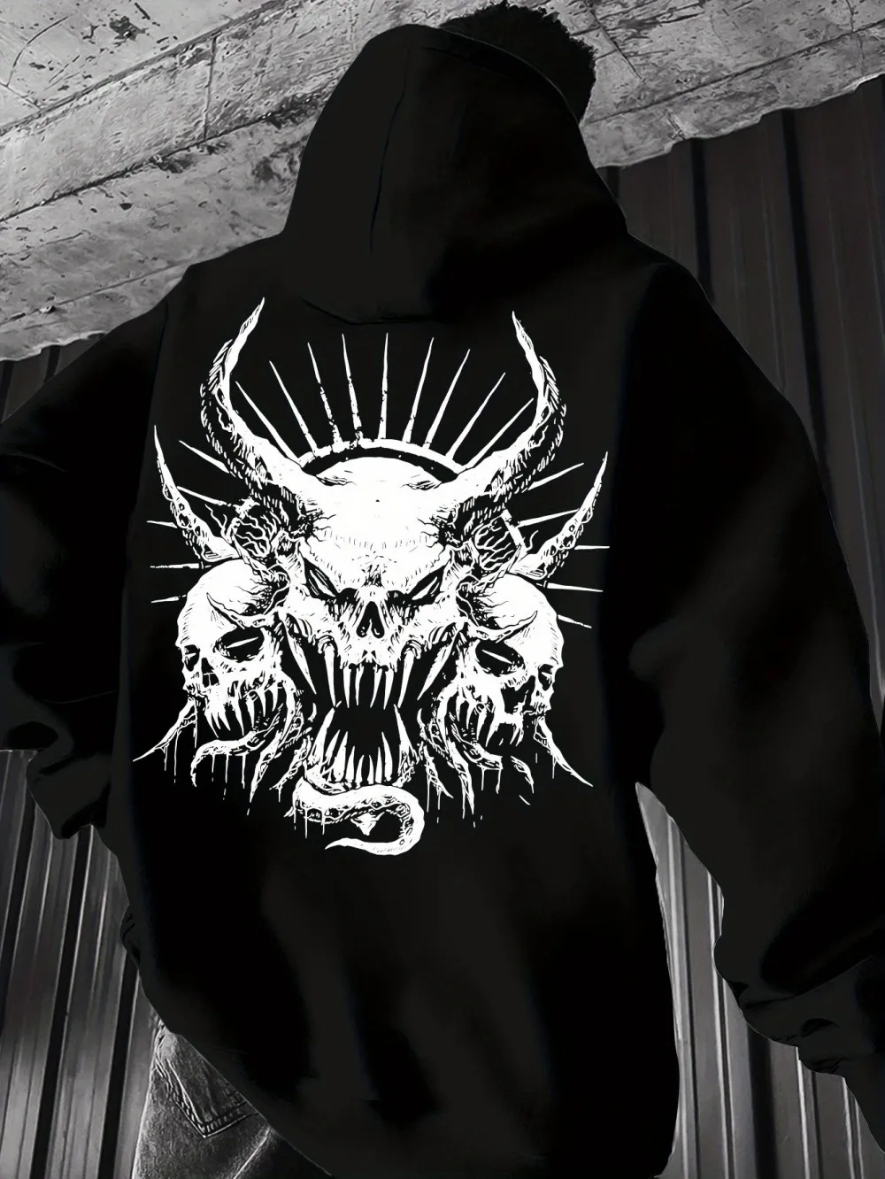 Punk street guy hooded sweatshirt with long horned devil skull print. Dark and fashionable, warm and comfortable hooded shirt.