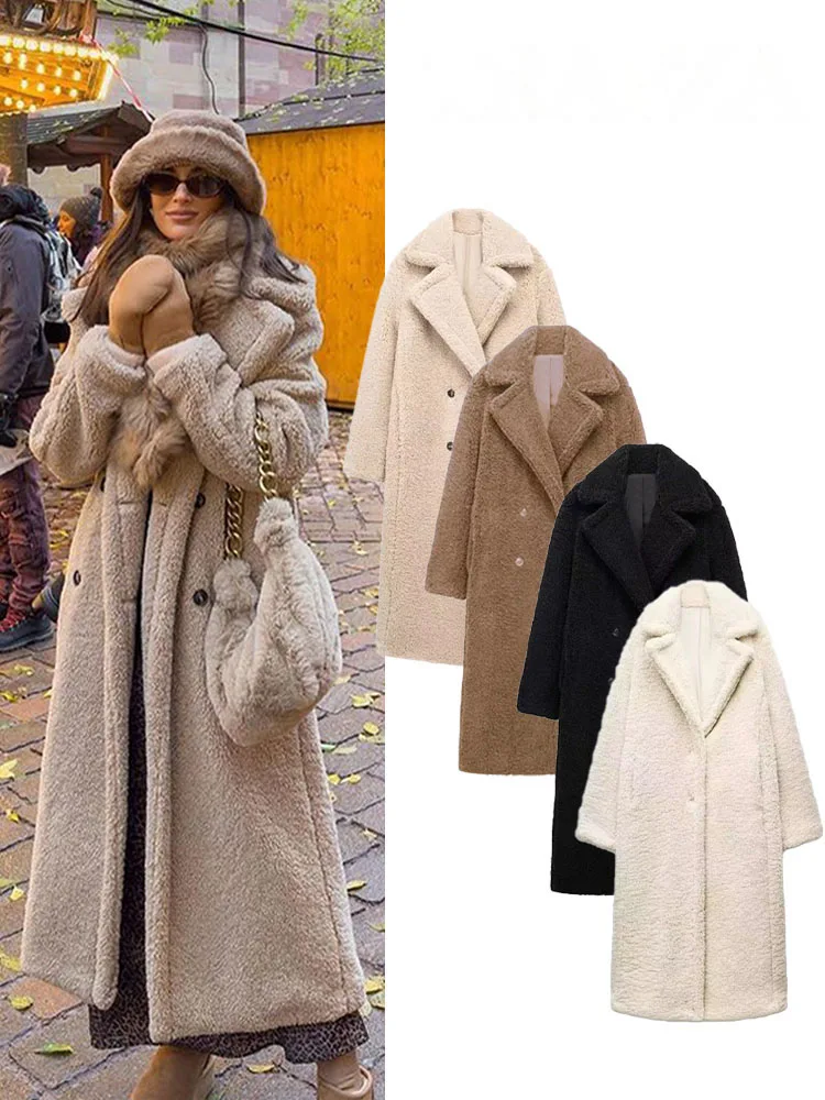 

HH Women Fashion Solid Button Coat Vintage Lapel Neck Long Sleeves Female Winter Chic Casual Thick Warm Fleece Overcoat