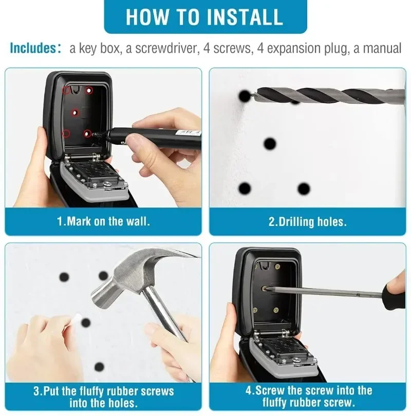 Password Key Lock Box Waterproof Wall Mounted Lock 12 Digit Combination Resettable Large Capacity Security Lock Box for Home Gar