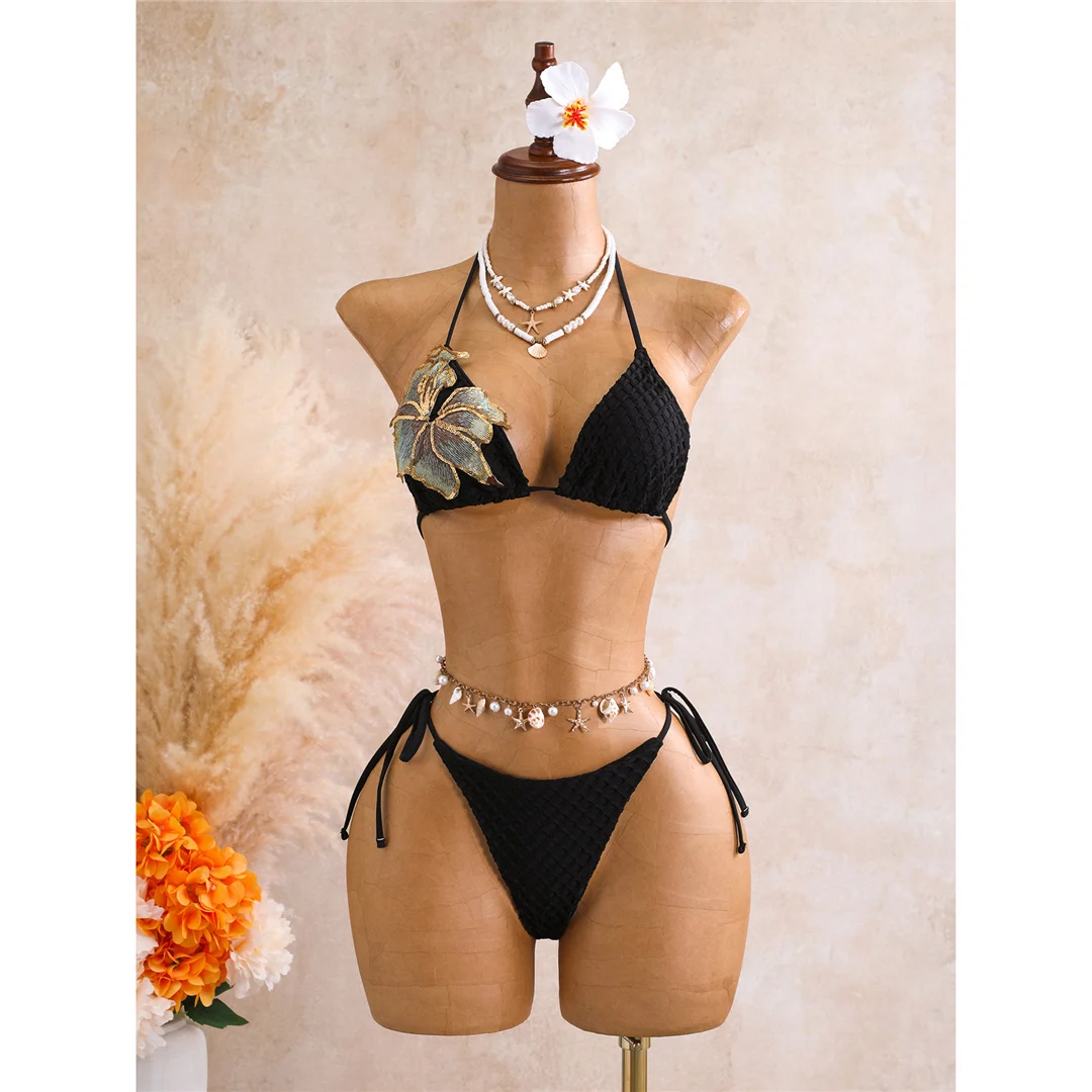 Mit Rock 3D-Blumen-Halter-Bikini Damen-Badebekleidung, dreiteiliges Bikini-Set, gepolsterter Badeanzug, Badebekleidung, Schwimmen V8346 – Detail 8