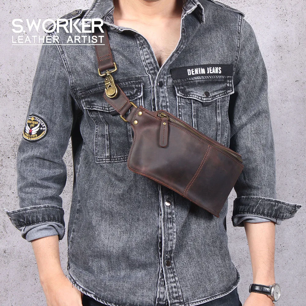 S.WORKE Vintage Echtleder Herren-Brusttasche Umhängetasche Kleine Crazy Horse Rindsleder Damen Mode Handytasche – Detail 2