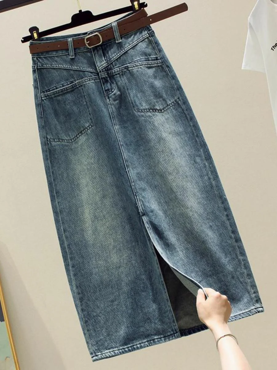 

High Waist Denim Skirt Women's Faion Pear ape Design ket Slimming Mid-Length Wrap around Retro Skirt