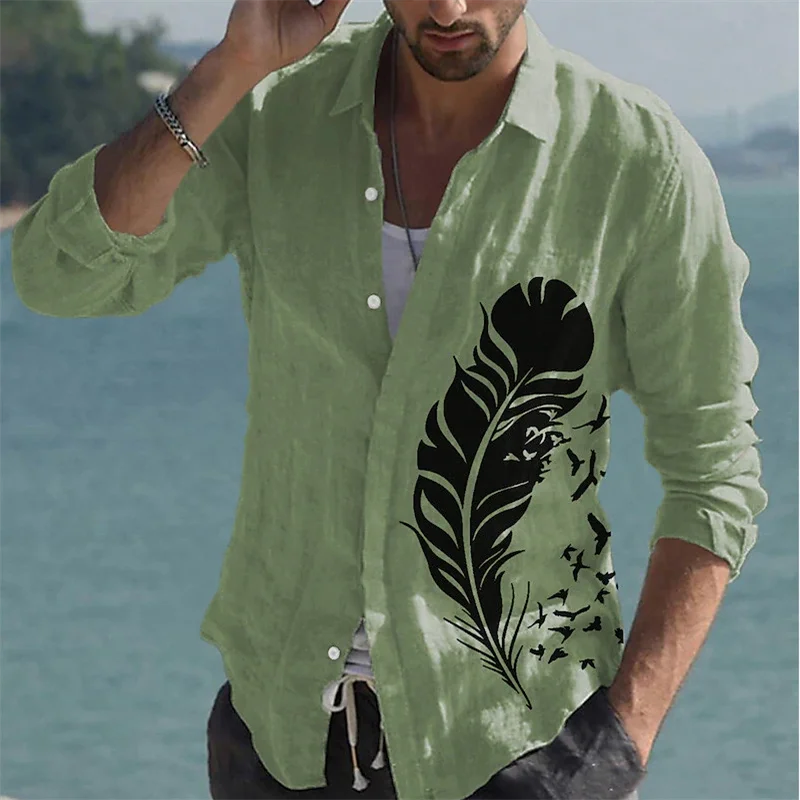 2023 New Fashion Luxury Social camicia da uomo con risvolto camicia con bottoni camicia a maniche lunghe con stampa di piume Casual Cardigan per palla da uomo