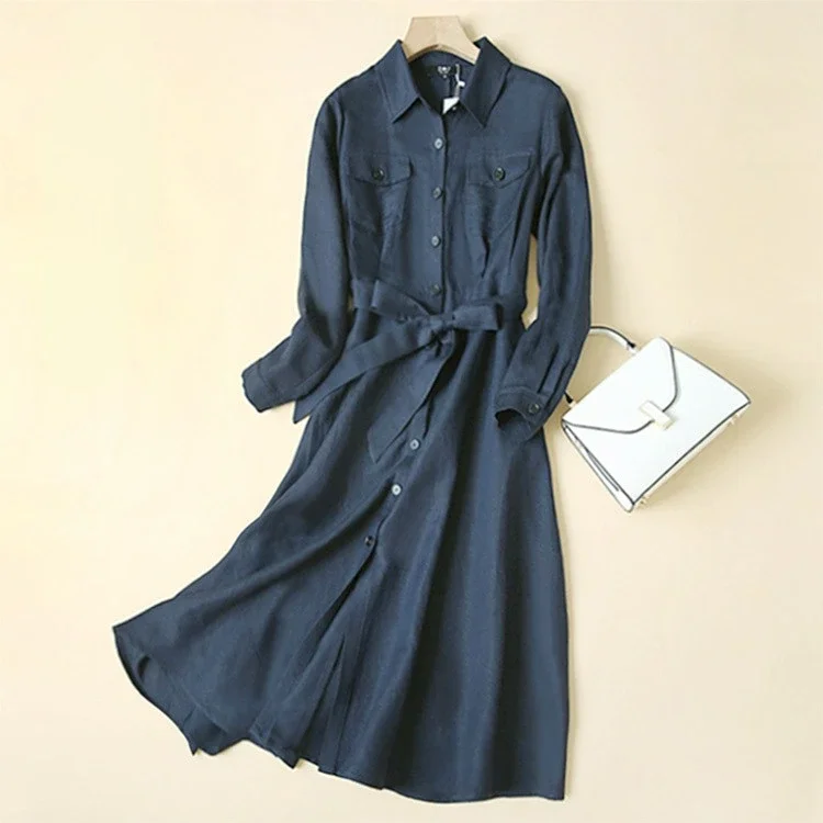 Linen Dress Spring Women 2024 Long-sleeved Autumn Fashion Belt Long Literature and Art Shirt Collar Dresses Pockets Urban Style