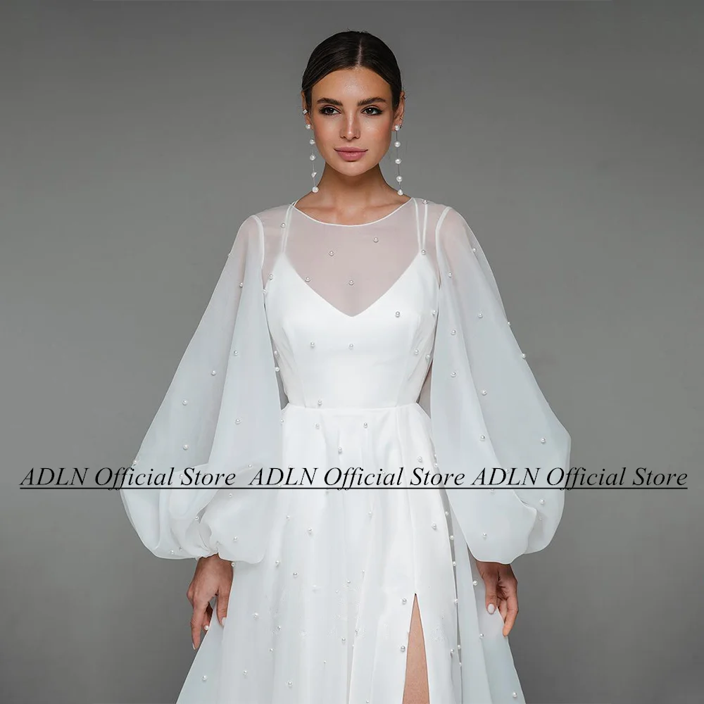 Customized Pearls Wedding Dresses Puff Sleeves Round Neck Back Criss Corss High Split A Line Organza Bridal Gowns Sweep Train