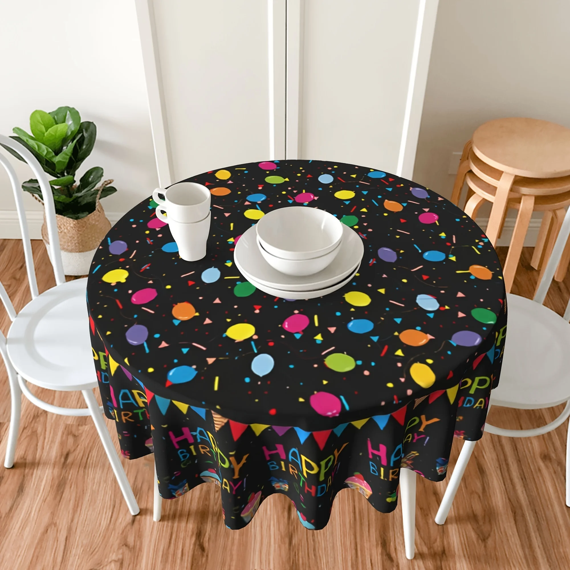 1PC, Polyester Table Cover, Happy Birthday Round Tablecloth, Vibrant Colored Balloons Small Flags Stars Colorful Decorative Tabl