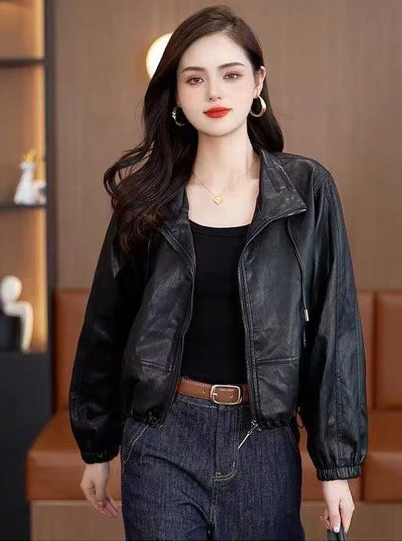 Chic Black Women Faux Leather Jacket Zip Up Lapel Collar Drawstring Hem Loose Oversized Pockets Streetwear Moto Outerwear Top