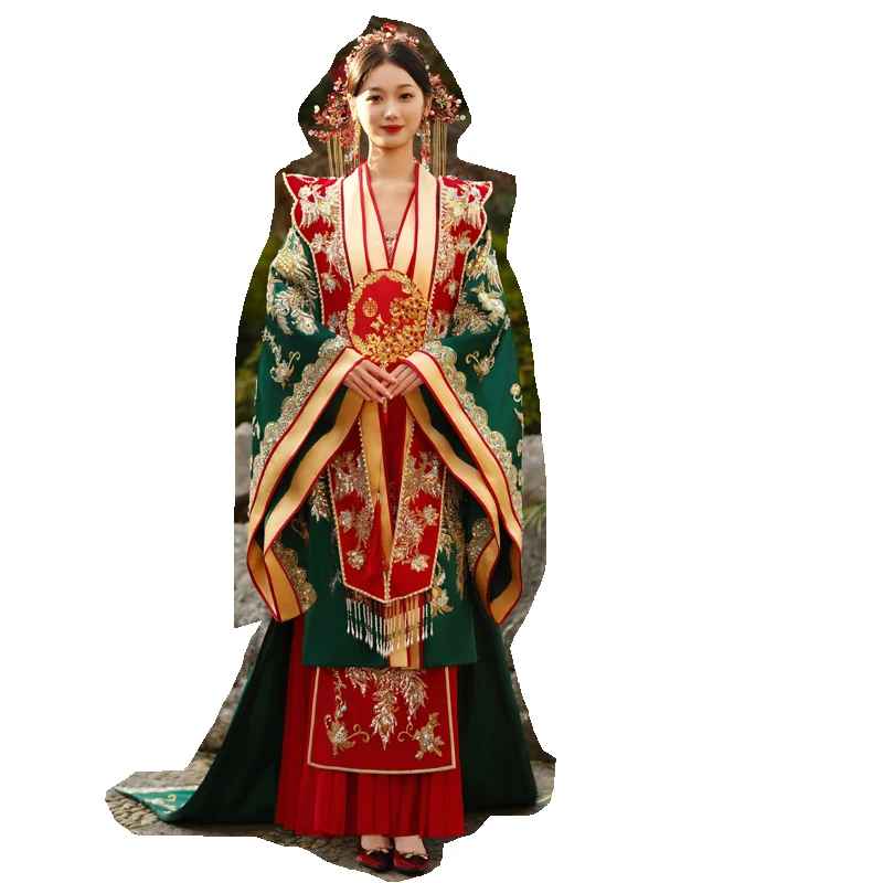 Ancient China Ming Dynasty Hanfu Couple Vintage Green Red Costume Toast Clothing Dragon and Phoenix Embroidery Wedding Dress