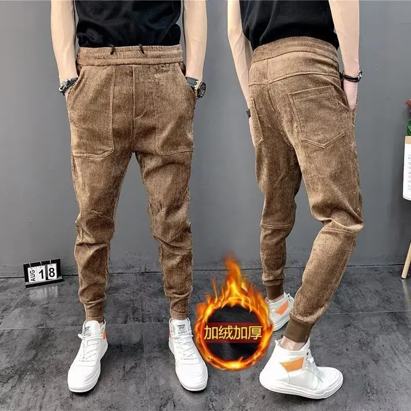 Moletom de veludo forrado de lã masculino, calça casual Slims, calça harém na moda, calça de jogging Rib Leg, calça Y2K