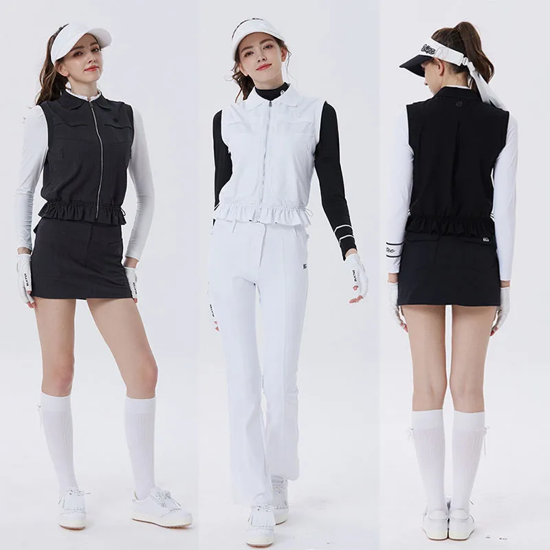 Blktee Winter Autumn Golf Vest Women Sleeveless Zipper Cargo Jacket Ladies Ruffle Hem Lapel Sports Tops Ladies Slim Golf Coat