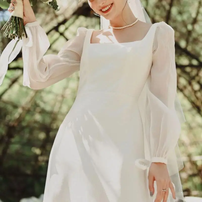 Fashion Square Collar Wedding Dresses With Illusion Long Sleeve A-line Bridal Dress Elegant Floor-length Party Dress Customized