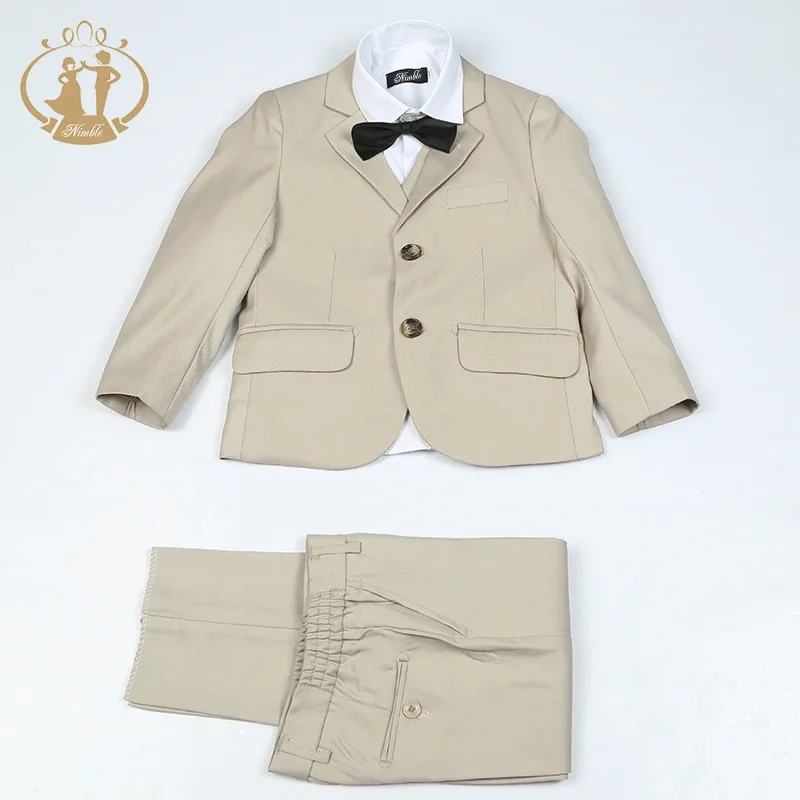 Spring Autumn Formal Suit for Boy Children Party Host Wedding Costume Coat Vest Pants 3Pcs Khaki Wholesale Clothing