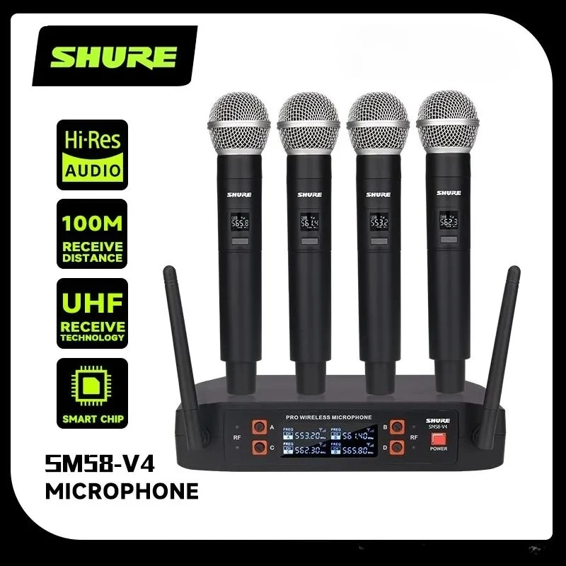 Micrófono Vocal Profesional Shure SM58-V4 (1 Transmisor, 4 Micrófonos) UHF Dinámico, Set Inalámbrico 4 en 1 SHURE SM58