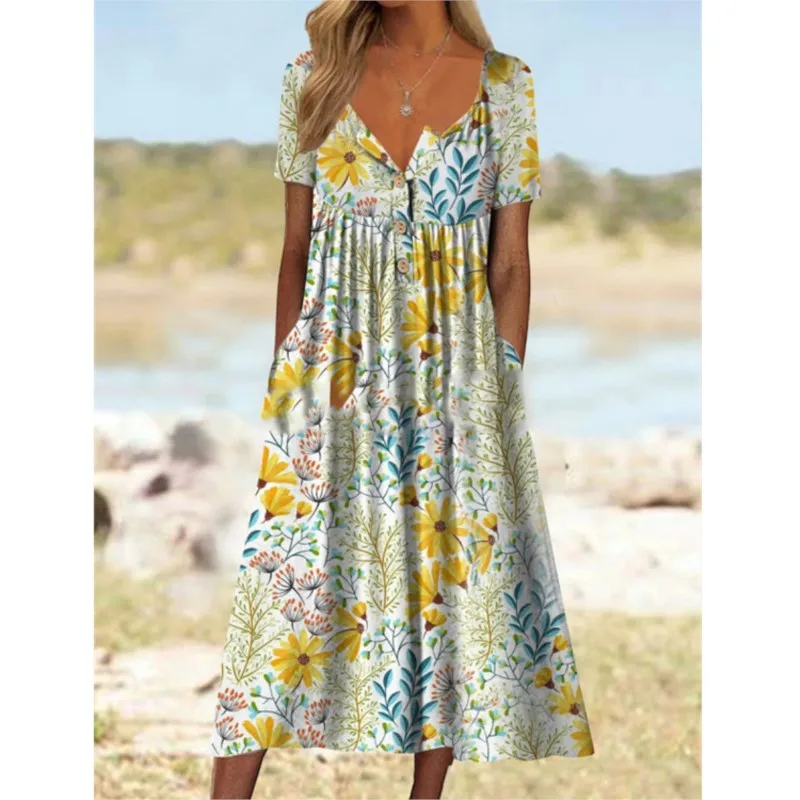 2024 New Women's Dress Summer/Autumn Trendy Printed V-neck A-line Floral Button Pocket Short Sleeve Long Dress Roupas Femininas