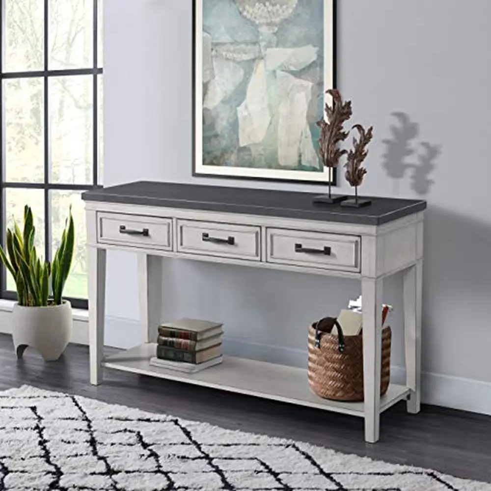 Coastal Casual Birch Veneer Sofa Table with Three Drawers TV Stand Antique White/Grey Easy Assembly 55