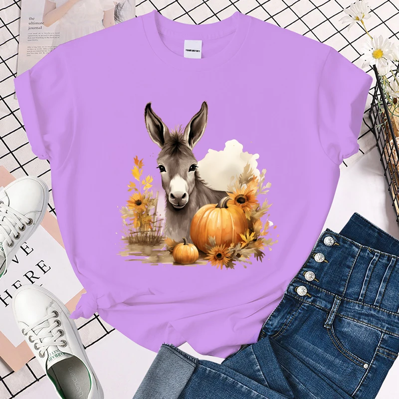 (Premium T-shirt)Fall Donkey Pumpkin Print Summer Casual T-Shirts For Women Creative O Neck Short-Sleeved T-Shirts Fashion tops