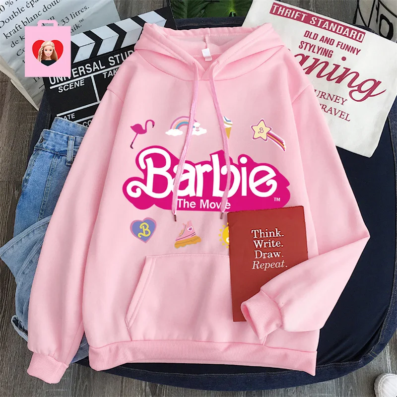 

Barbie Hoodies Hooded Casual Prints Letter Sweatshirt Autumn Pullover Trendy Letter Print Women Long Sleeved Top Girlfriend Gift