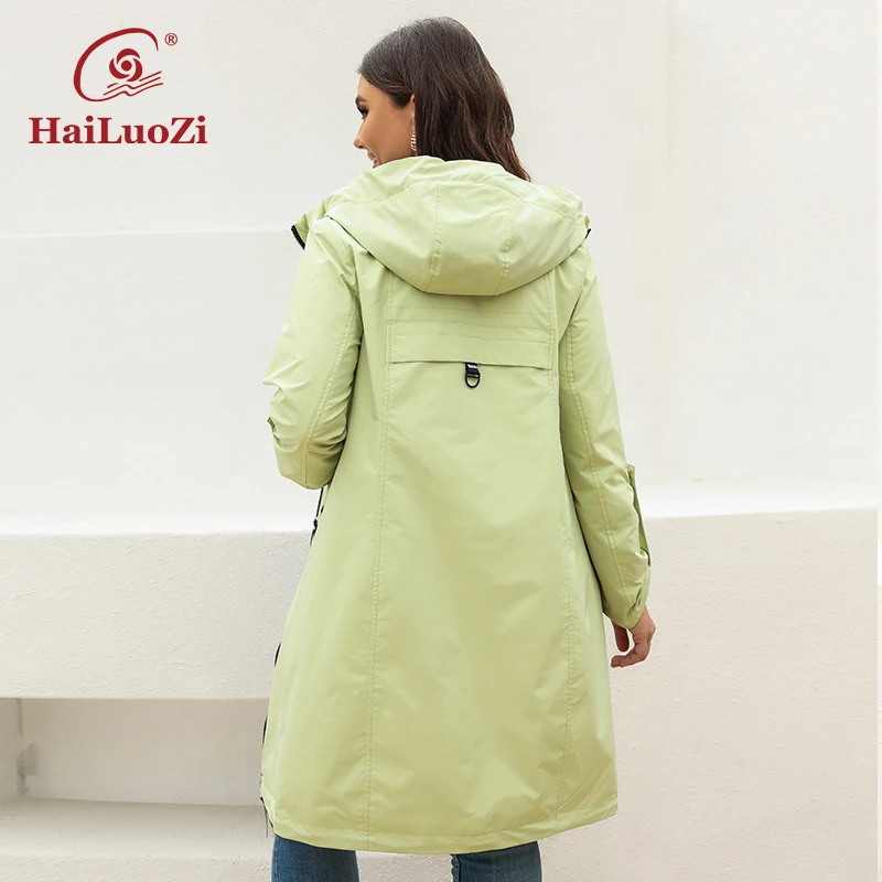 HaiLuoZi Spring Autumn Hood Zipper Windbreaker Women\'s Mid-Length Trench Coat 2022 New Female Big Pockets Casual Outerwear 9663