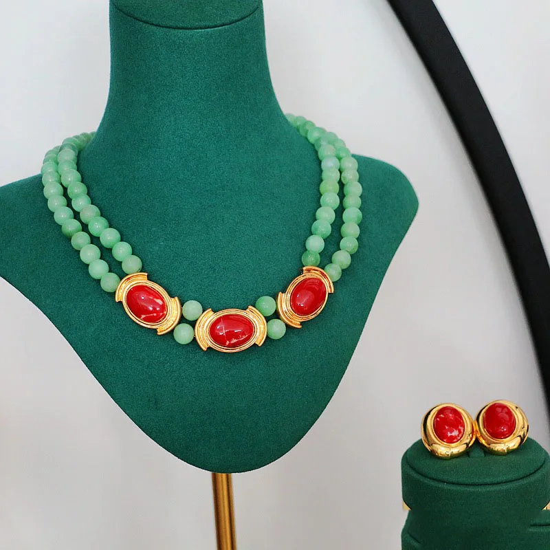 

Vintage Natural Green Beads Choker Necklace For Women Jewelry Runway Party T Show Fancy Trendy Boho INS Japan