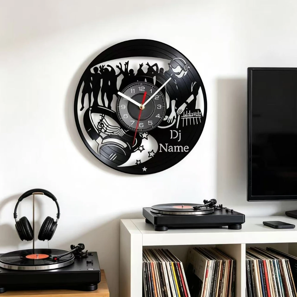 Creativity Customizable DJ Name Vinyl Record Wall Clock Silent Wall Decor Gift for Music DJ Lovers Bar Bedroom Home Decoration