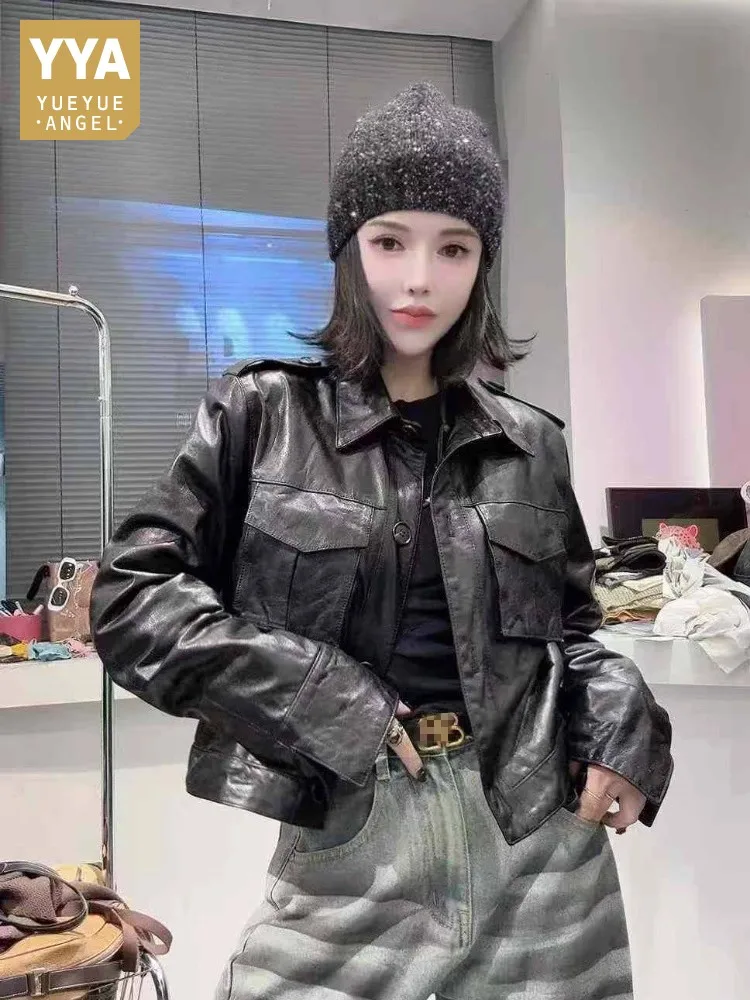 High Street Women Short Style Oil Wax Cowhide Genuine Leather Jacket Single Breasted Punk Style Outwear Motorcycle Casual Coats