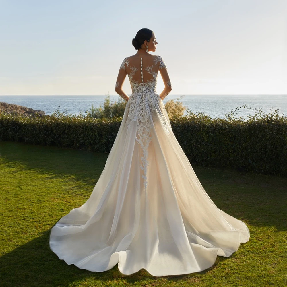 Gaun Pengantin A Line Kustom Gaun Pengantin Lengan Penuh Leher Perahu Applique Renda Ritsleting Belakang Ilusi Baru Vestido De Novia