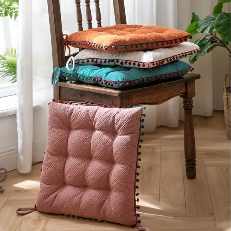 

Inyahome Square Pompom Chair Cushion Pad With Ties Seating Throw Cover Hippie Decorative Bohemian Ottoman Poufs for Living Room